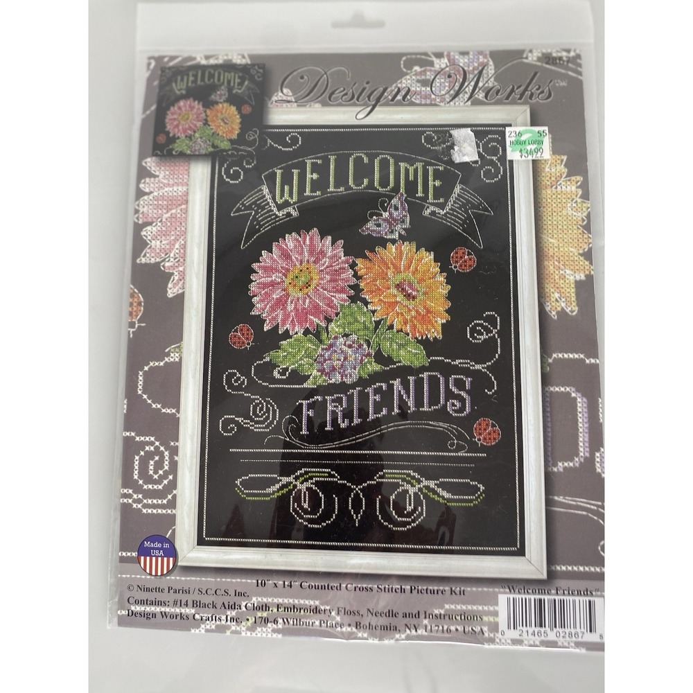 Welcome Friends Chalkboard Cross Stitch Kit Design Works 2867 Flowers 10x14
